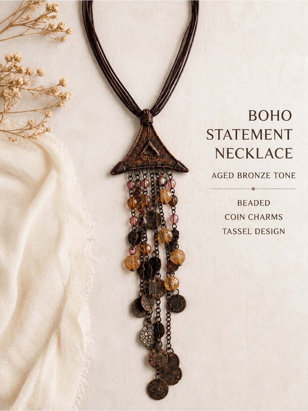 Boho Aged Bronze Tone Coin Beaded Tassel Statement Necklace